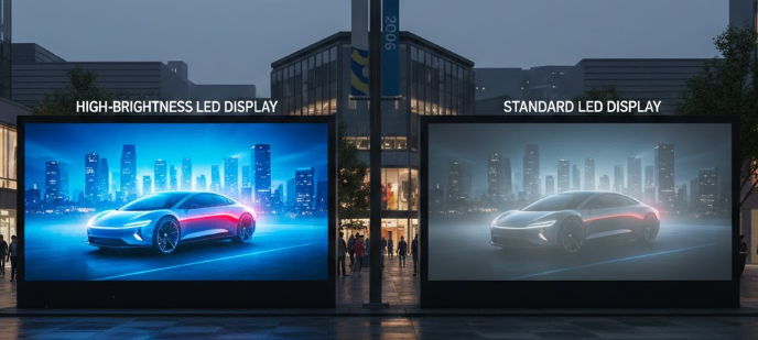 High-brightness vs standard LED display comparison in a commercial outdoor setting, showing color contrast and visibility differences in 2026 technology.