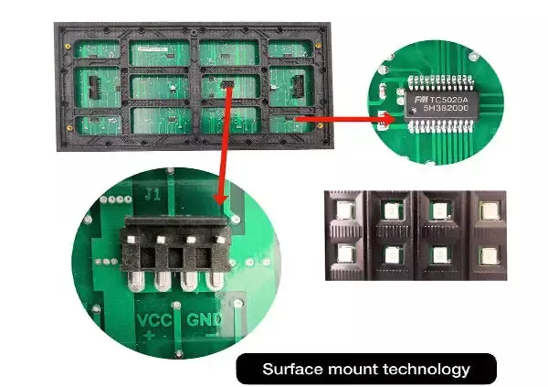 Detailed SMT LED module showing driver chip and waterproof surface.