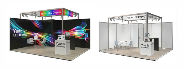 Comparison between a static trade show booth and a high-resolution LED display booth for B2B exhibitors.
