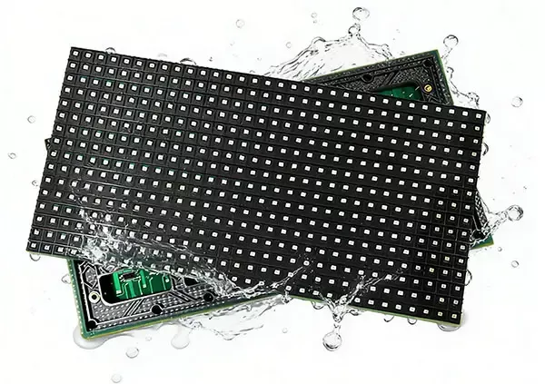 Outdoor waterproof SMD LED display module being splashed with water to show IP65 rating.