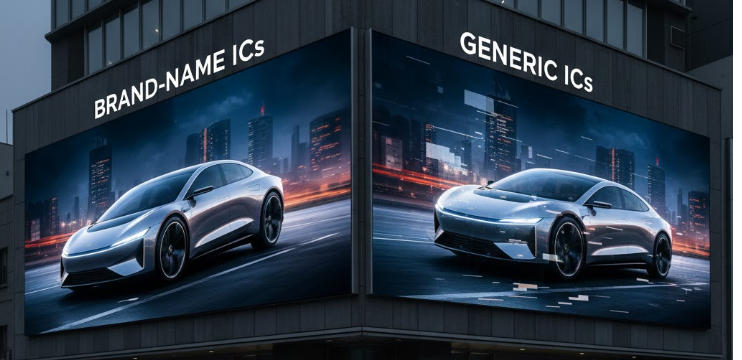 Comparison of LED display performance showing Brand-name driver ICs vs generic ICs, highlighting screen flickering and scan lines on the low-quality panel.