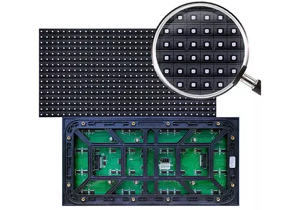 Outdoor LED screen module, front view with magnified pixel detail and back view of PCB board and components