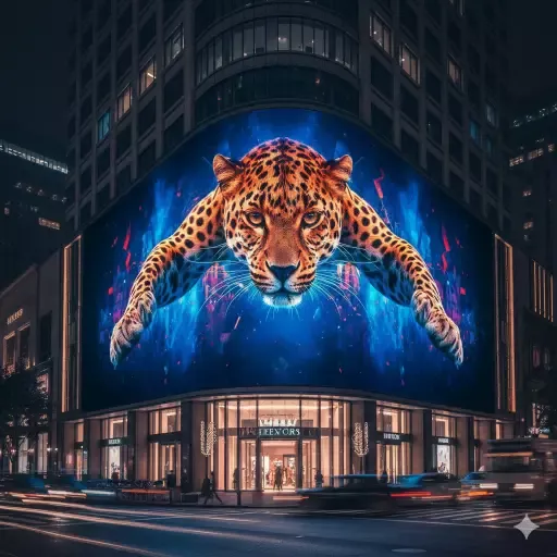 outdoor fixed Naked-Eye 3D LED display on building corner with futuristic dragon effect, immersive outdoor digital billboard