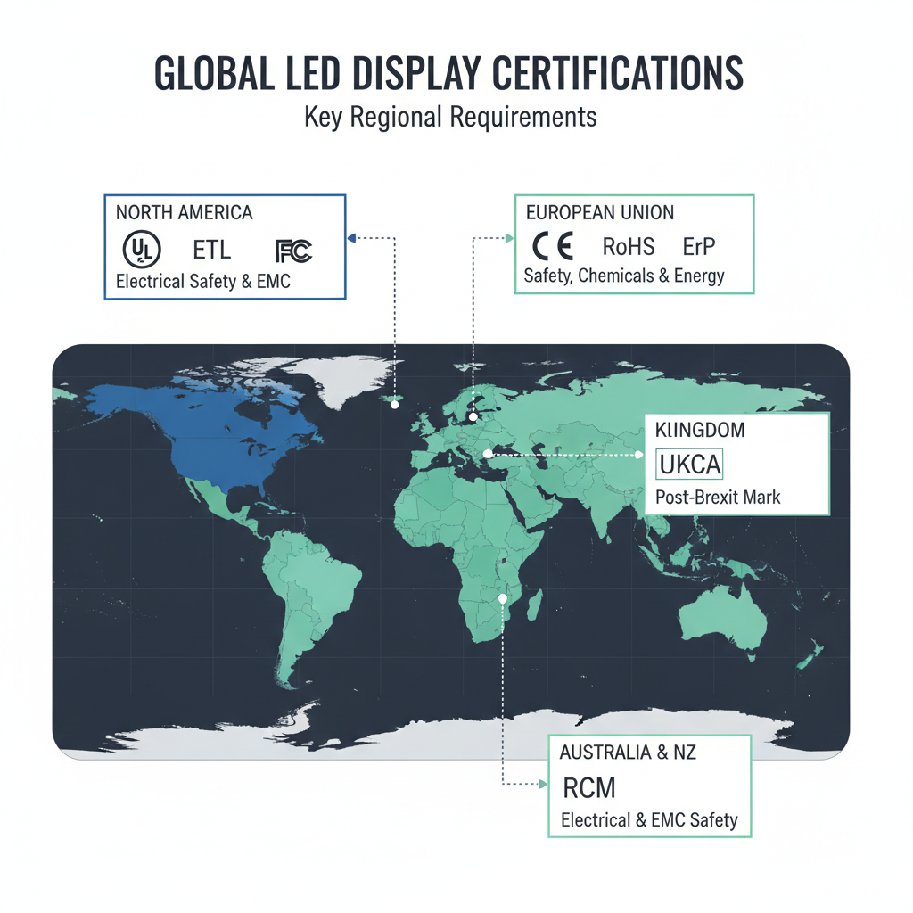 Map of global LED display certifications including UL, CE, FCC, and RCM. 