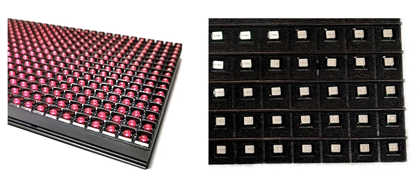 Detailed texture view contrasting the individual red LED lamps of a DIP module with the surface-mount red LED elements of an SMD module .webp