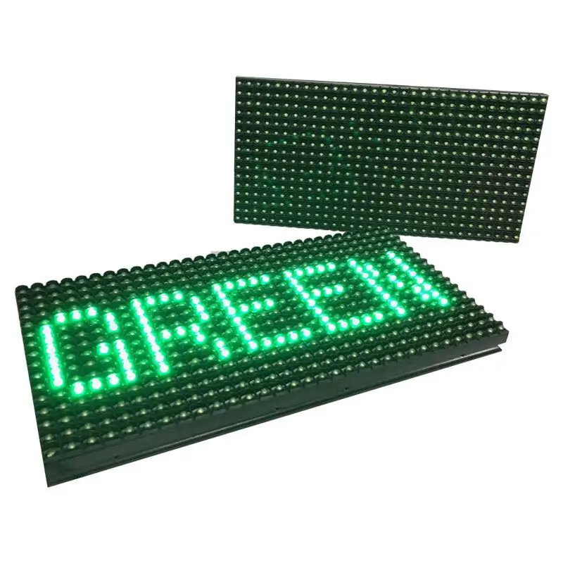 P10 single green DIP LED display panel 320x160mm for traffic sign showing lit GREEN text.webp