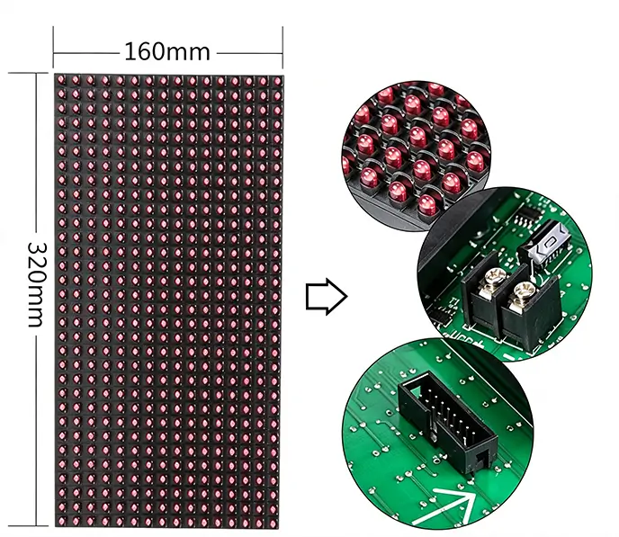 P10 DIP single red LED module dimensions 320x160mm with Hub12 data port and power connector details.webp