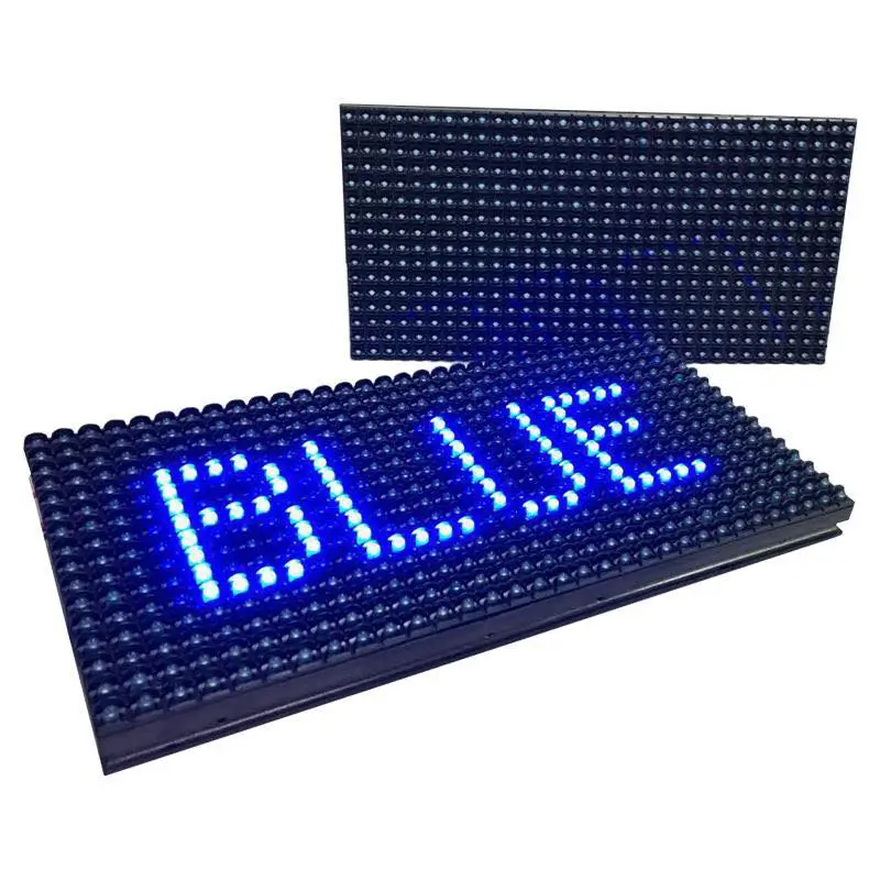 P10 single blue DIP LED display module 320x160mm showing lit BLUE text.webp